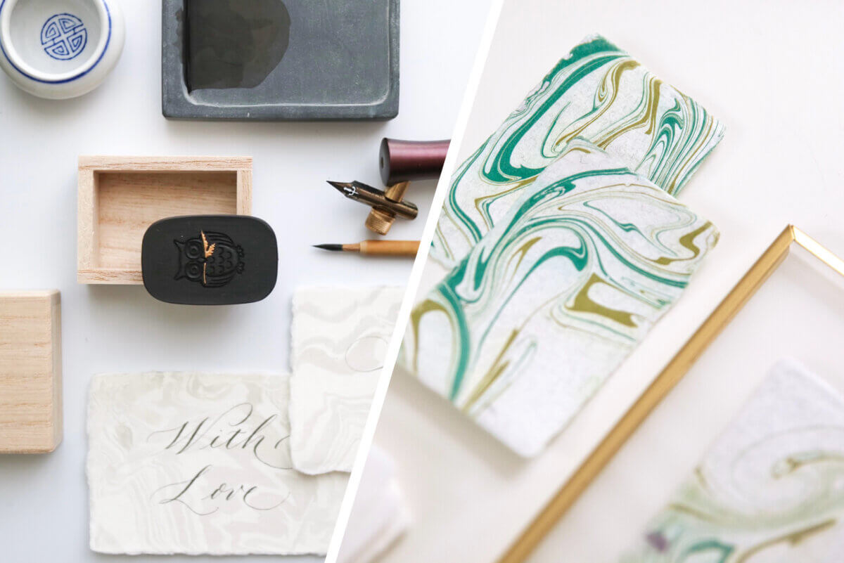 Washi marbling cards and calligraphy